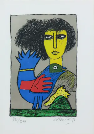 Corneille - Zeefdruk, Figuur met vogel - Ingelijst kopen? Bied vanaf 150!