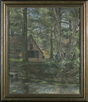 Niet of onleesbaar gesigneerd - Tekening in pastelkrijt, landschap met boerderij - Ingelijst kopen? Bied vanaf 1!