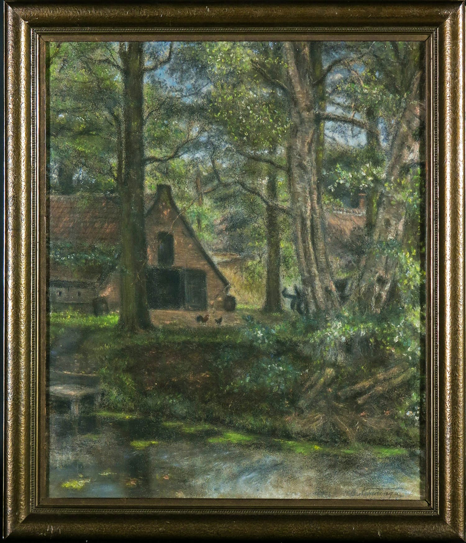 Niet of onleesbaar gesigneerd - Tekening in pastelkrijt, landschap met boerderij - Ingelijst kopen? Bied vanaf 1!