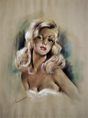 Niet of onleesbaar gesigneerd - Leuke, gesigneerde, originele jaren 50 Pastel "Pin Up" kopen? Bied vanaf 10!