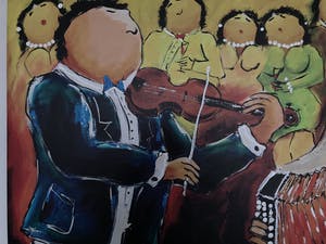 Theo Broeren - Glicée met acryl op doek ‘Muziek spelen’ (ZEER GROOT) kopen? Bied vanaf 90!