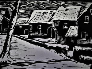 Han Krug - Mooie - omstreeks 1925 gemaakte Houtsnede "Winters dorp" - gesigneerd kopen? Bied vanaf 29!