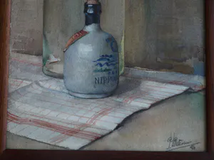 Niet of onleesbaar gesigneerd - Ingelijste aquarel , Stilleven met fles, pot, theedoek en zeepaardje - 1940 kopen? Bied vanaf 1!