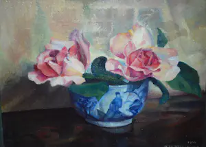 Mies Deinum - 2 rozen in een Chinees bakje - olieverfschilderij kopen? Bied vanaf 75!