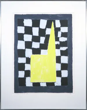 Harrie Gerritz - Zeefdruk, Kapel in geblokte achtergrond - Ingelijst kopen? Bied vanaf 70!