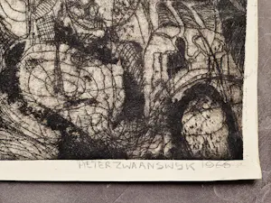 Pieter Zwaanswijk - onnavolgbaar Haarlems kunstenaar - ETS - surrealistische voorstelling - 1966 - kopen? Bied vanaf 37!