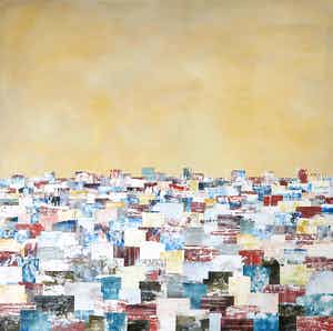 Niet of onleesbaar gesigneerd - Acryl en collage van textiel op doek, Z.T. Abstract stadsgezicht verkocht voor € 1!