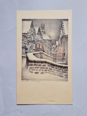 Jan Strube - leuke kleuren lithografie "winter te Brugge" - potloodgesigneerd kopen? Bied vanaf 38!