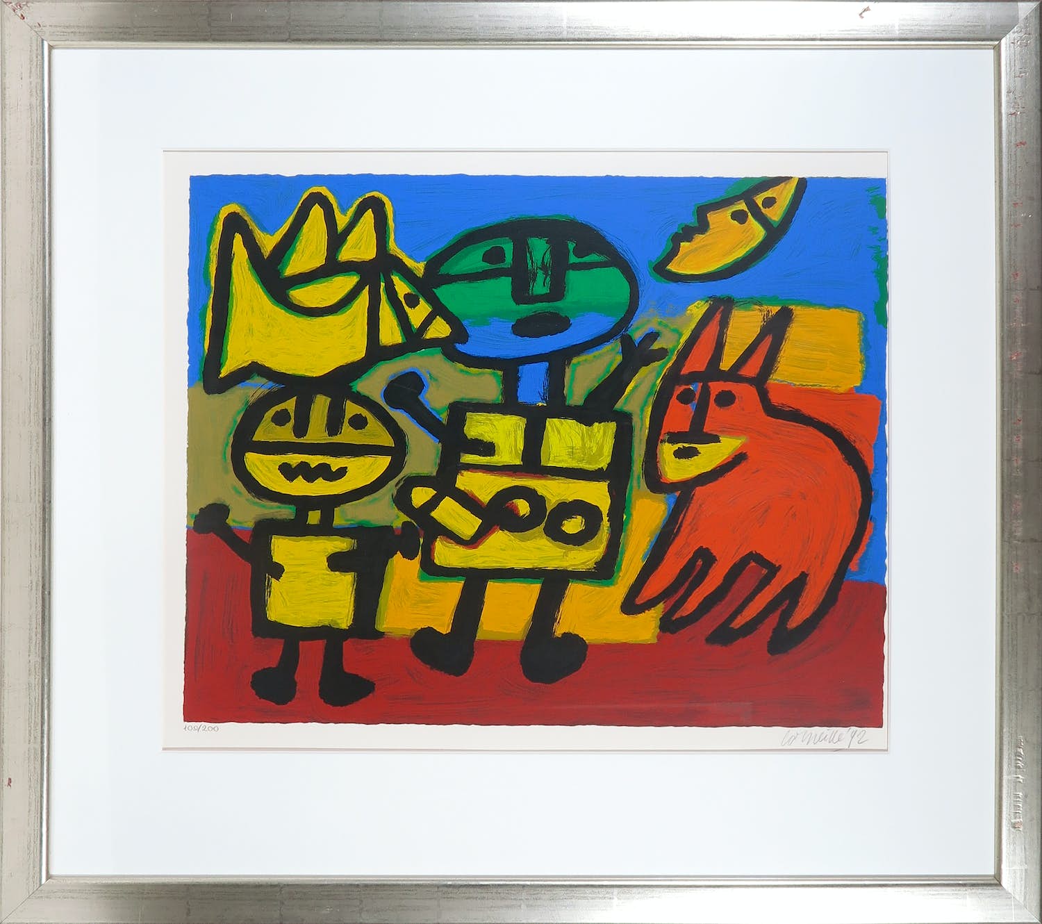 Corneille - Zeefdruk, Figuren met vogel en kat bij maanlicht - Ingelijst verkocht voor € 250!