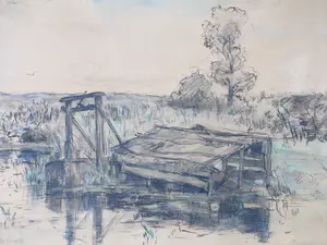 Louis Stutterheim - Boothuis in waterlandschap - Gemengde techniek kopen? Bied vanaf 1!