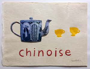 Klaas Gubbels - houtdruk met collage - Chinoise - oplage 18. verkocht voor € 350!