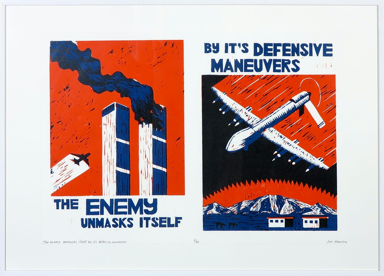 Jan Hamstra - Houtsnede, The enemy unmasks itself by it's defensive maneuvers - Ingelijst kopen? Bied vanaf 1!