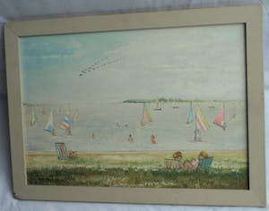 Niet of onleesbaar gesigneerd - Olieverf op paneel , “Strand Muiderberg” – gesigneerd & ingelijst - 1989 kopen? Bied vanaf 10!