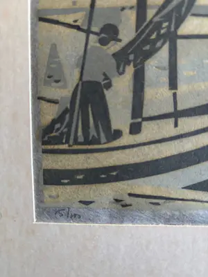 Geert Geerligs - linosnede: het inhalen van de netten kopen? Bied vanaf 25!