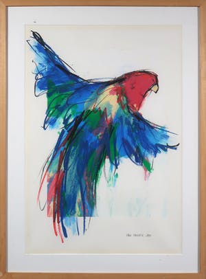 Ellen Meuwese - Gemengde techniek op papier, Opvliegende papegaai - Ingelijst kopen? Bied vanaf 1!