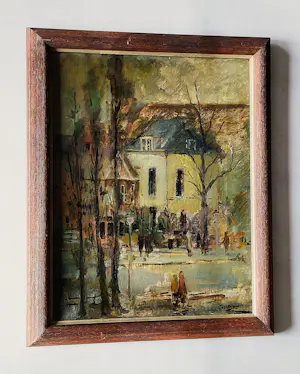 Poppe Damave - 1948 - olieverf op doek - stadsgezicht Haarlem met figuren - originele lijst kopen? Bied vanaf 65!