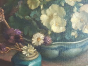 Jan den Hengst - stilleven met bloemen in gemberpotje en aardewerk schaal kopen? Bied vanaf 50!