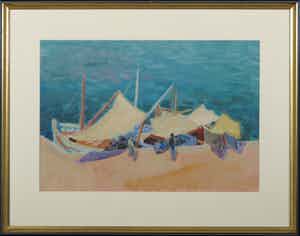 Bob Buys - Olieverf op papier, Kade met bootjes - Ingelijst verkocht voor € 80!