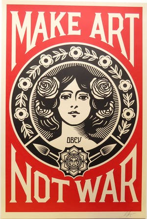 AcheterShepard Fairey - MAKE ART NOT WAR? Enchérissez de 40!