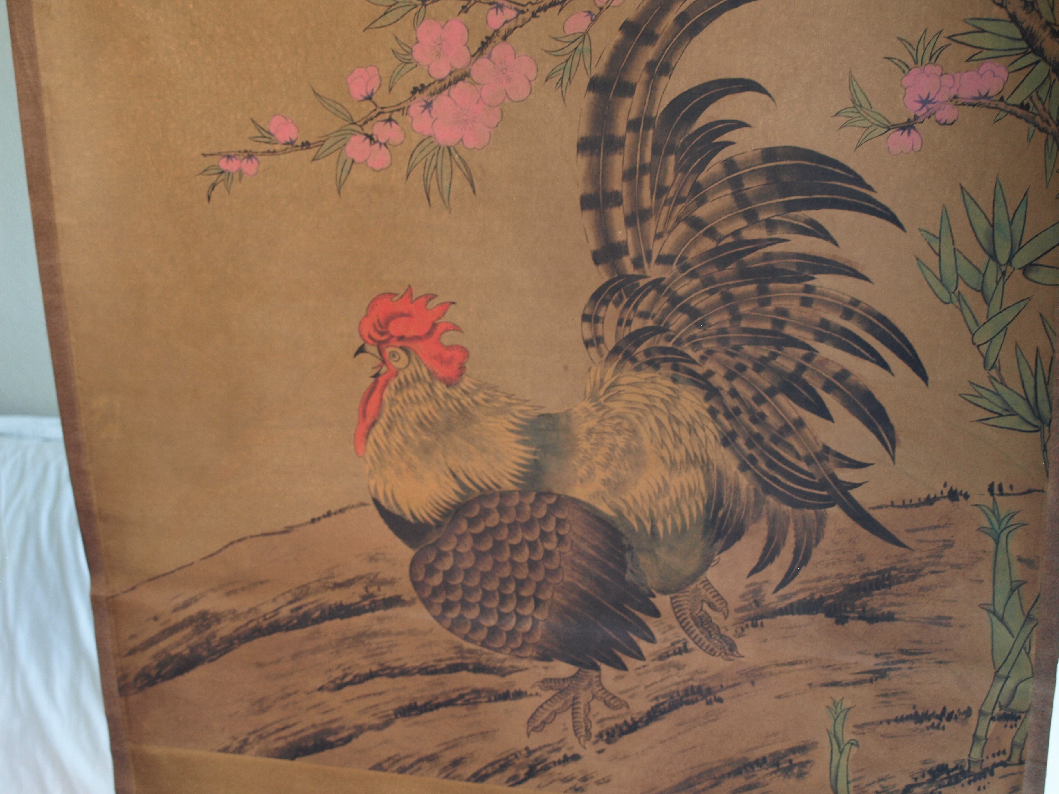 Niet of onleesbaar gesigneerd - Haan en Bloesem - Aquarelverf en inkt op papier, opgerold op houten stok kopen? Bied vanaf 1!