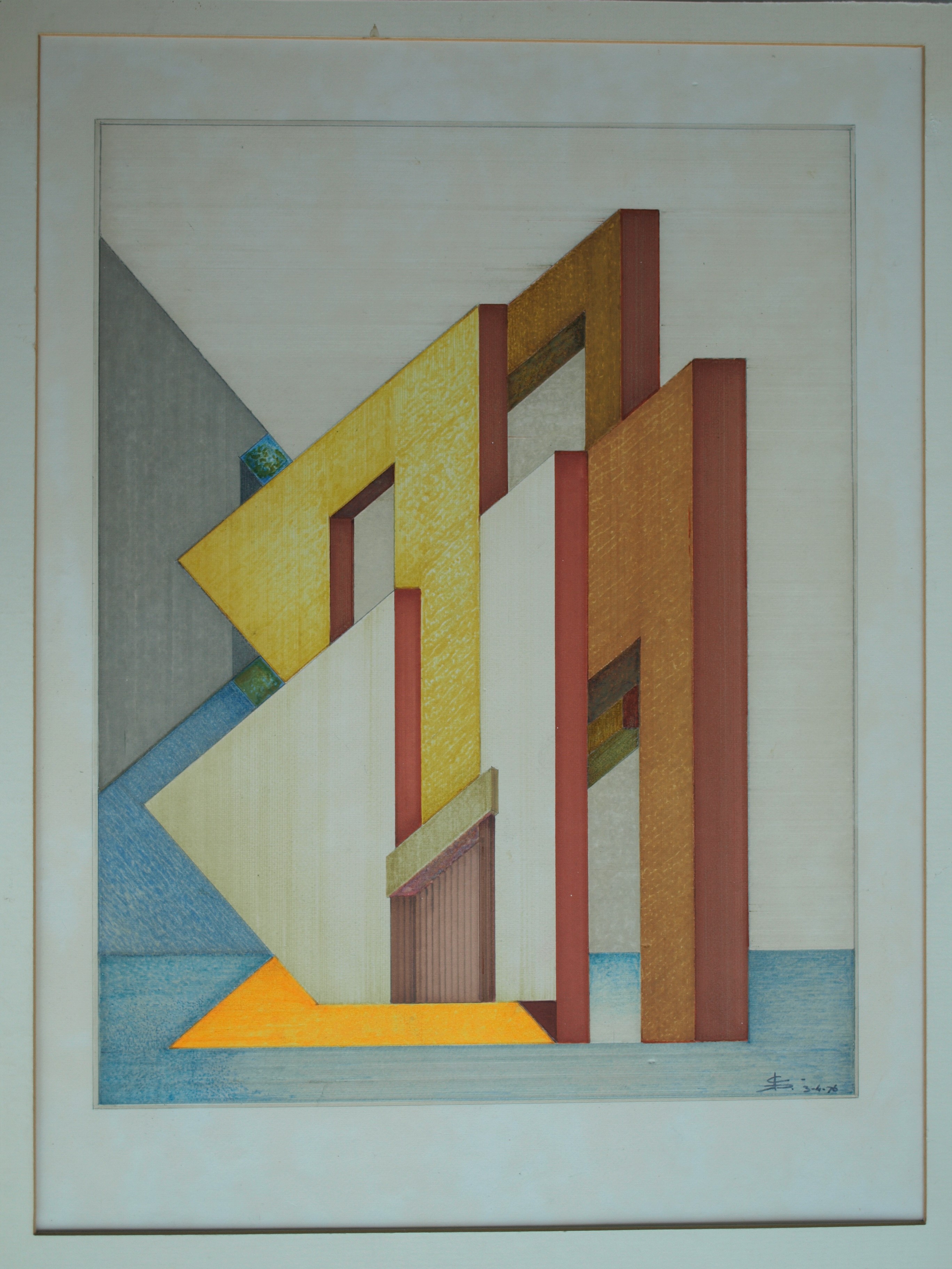 Niet of onleesbaar gesigneerd - Tekening , Bouwwerk – gesigneerd d.m.v. monogram – ingelijst - 1976  kopen? Bied vanaf 1!