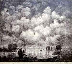 Jan van den Thillart - Bewolkt Rivierlandschap - litho verkocht voor € 85!