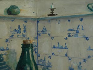 Niet of onleesbaar gesigneerd - Ingelijst, olieverf op board , stilleven “Aardewerk met bierpullen” kopen? Bied vanaf 1!