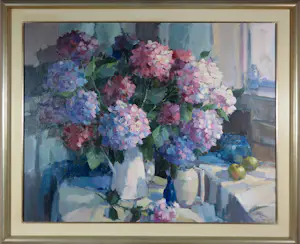 Jos Leurs - Olieverf op doek, Stilleven met hortensia's - Ingelijst (Groot!) kopen? Bied vanaf 500!