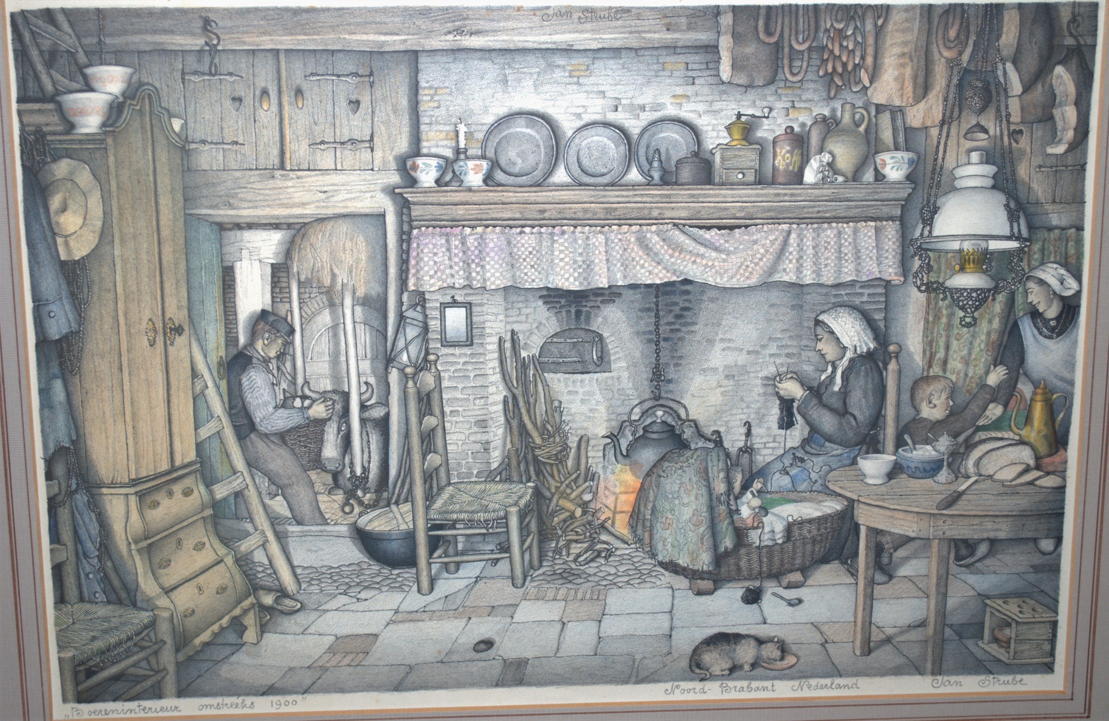 Jan Strube - kleurenlitho_boereninterieur NoordBrabant omstreeks 1900_ verkocht voor € 55!