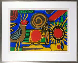 Corneille - Zeefdruk, L'oiseau au fond bleu - Ingelijst (Groot) verkocht voor € 250!