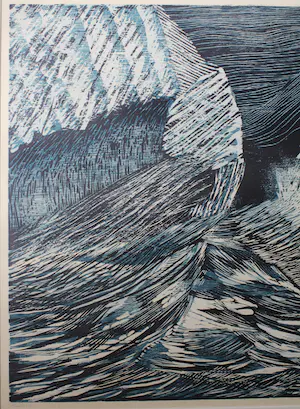 Mike Werkhoven - Grote ingelijste houtsnede "Kustlijn 8" kopen? Bied vanaf 1!