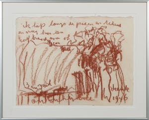 Anton Heyboer - Krijttekening op geschept papier, Ik liep langs (...) / Drenthe 1946 - Ingelijst kopen? Bied vanaf 1!