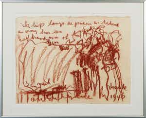 Anton Heyboer - Krijttekening op geschept papier, Ik liep langs (...) / Drenthe 1946 - Ingelijst verkocht voor € 1!