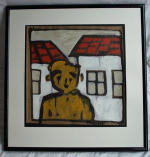 Bart Drost - Ingelijst, acryl op bitumenpapier (pakpapier) , Voor 2 huisjes – ca. 1991 kopen? Bied vanaf 50!