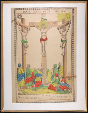 Niet of onleesbaar gesigneerd - Lot van twee handgekleurde litho's, Naissance de N.S. Jesus-Christ en Jesus entre deux Larrons kopen? Bied vanaf 1!