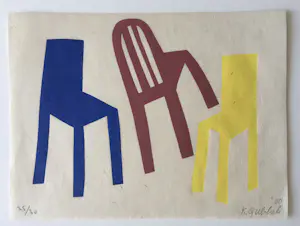 Klaas Gubbels - houtdruk ‘Stilleven met drie stoelen ’ - 2000 - oplage 30 kopen? Bied vanaf 350!