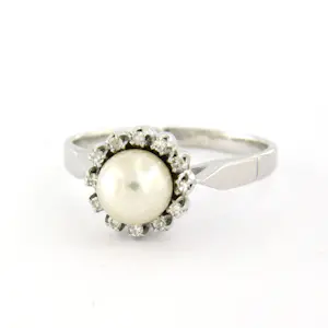 14k wit gouden ring bezet met parel en single cut geslepen diamanten tot. 0.05ct kopen? Bied vanaf 310!