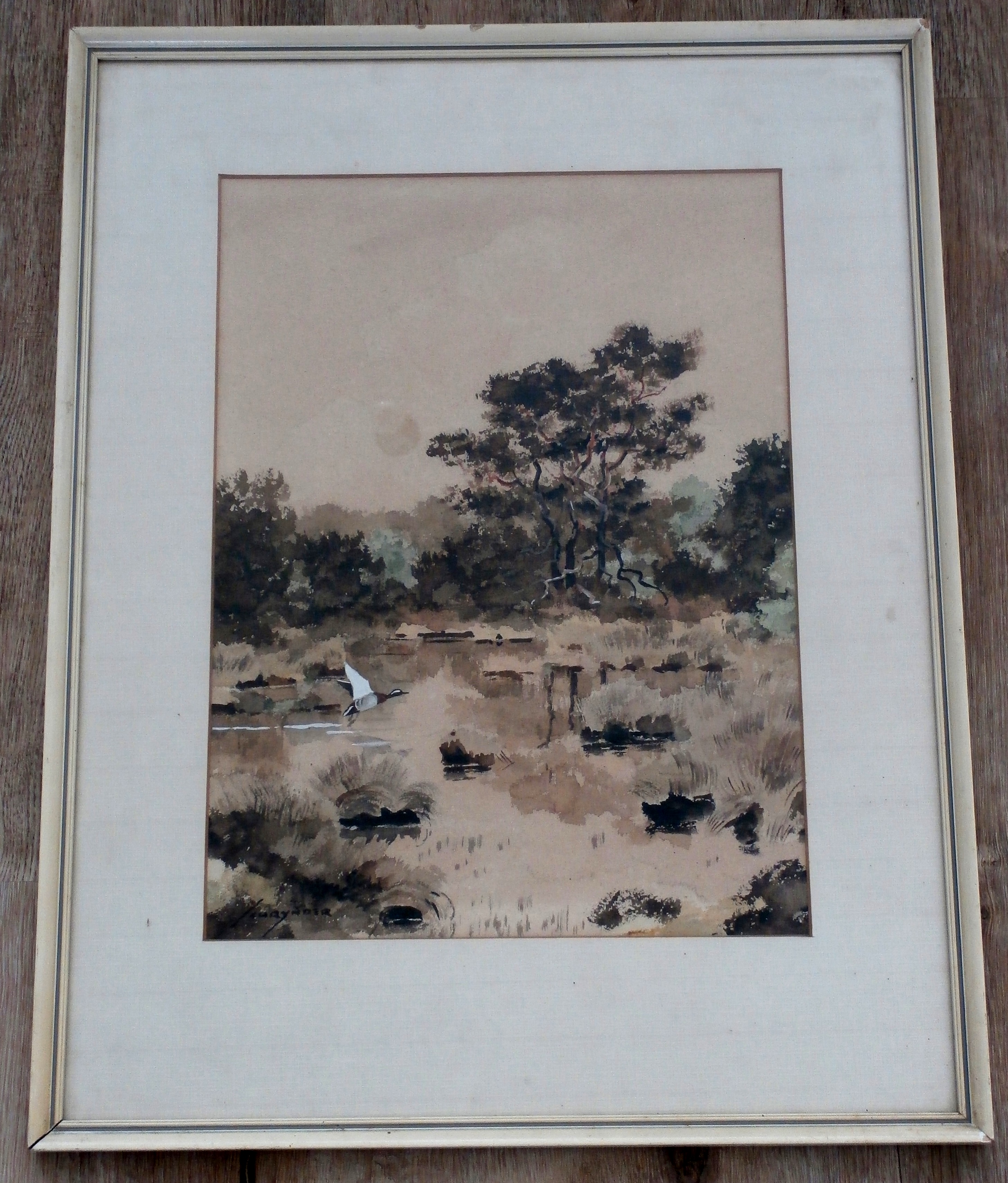 Jo Schrijnder - aquarel: opvliegende eend bij plas kopen? Bied vanaf 150!