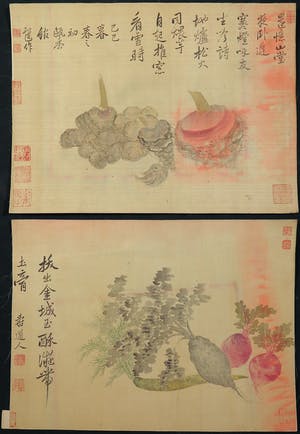 Niet of onleesbaar gesigneerd - Waterverf op zijde, Lot van twee penseeltekeningen kopen? Bied vanaf 1!