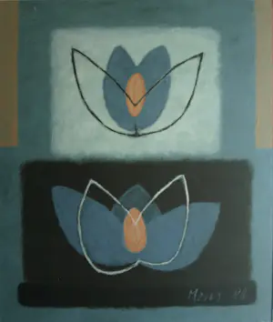 Mieke Mens - Gemengde techniek op board , 2 Bloemen – Lijst, 75 x 64 cm kopen? Bied vanaf 50!