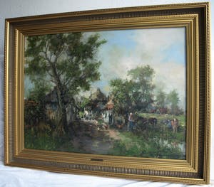 Theodorus van Oorschot - Olieverf op doek , Brabants landschap met boerin – ingelijst – 78 x 98 cm kopen? Bied vanaf 200!