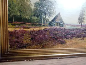Niet of onleesbaar gesigneerd - Mooi olieverf schilderij van een landschap met een hutje op de hei kopen? Bied vanaf 1!