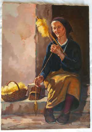 Niet of onleesbaar gesigneerd - Olieverf op doek, “Vecchia che fila” (Spinnende oude vrouw) - Italië verkocht voor € 1!