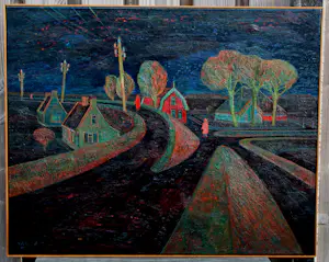 Dirk Breed - Ingelijste olieverf op doek: Noord-Hollands landschap met huizen langs een dijk kopen? Bied vanaf 1500!