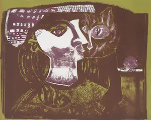 Niet of onleesbaar gesigneerd - Litho, Vrouw met kat kopen? Bied vanaf 1!