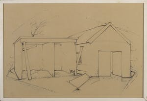 Anton Rinzema - Potloodtekening, Twee schuurtjes kopen? Bied vanaf 35!