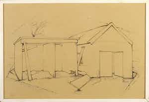 Anton Rinzema - Potloodtekening, Twee schuurtjes verkocht voor € 35!