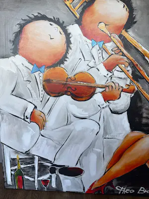 Theo Broeren - Glicée met acryl op doek “Muziek spelen” (ZEER GROOT) kopen? Bied vanaf 130!