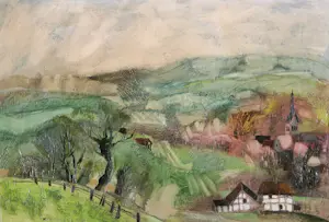 Niet of onleesbaar gesigneerd - Gemengde techniek op karton, Landschap Vroenhoven kopen? Bied vanaf 1!