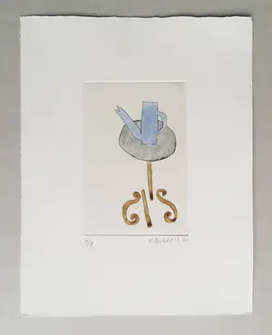 Klaas Gubbels - ets met aquarel ingekleurd - ‘Blauwe kan’ - 2004 kopen? Bied vanaf 245!